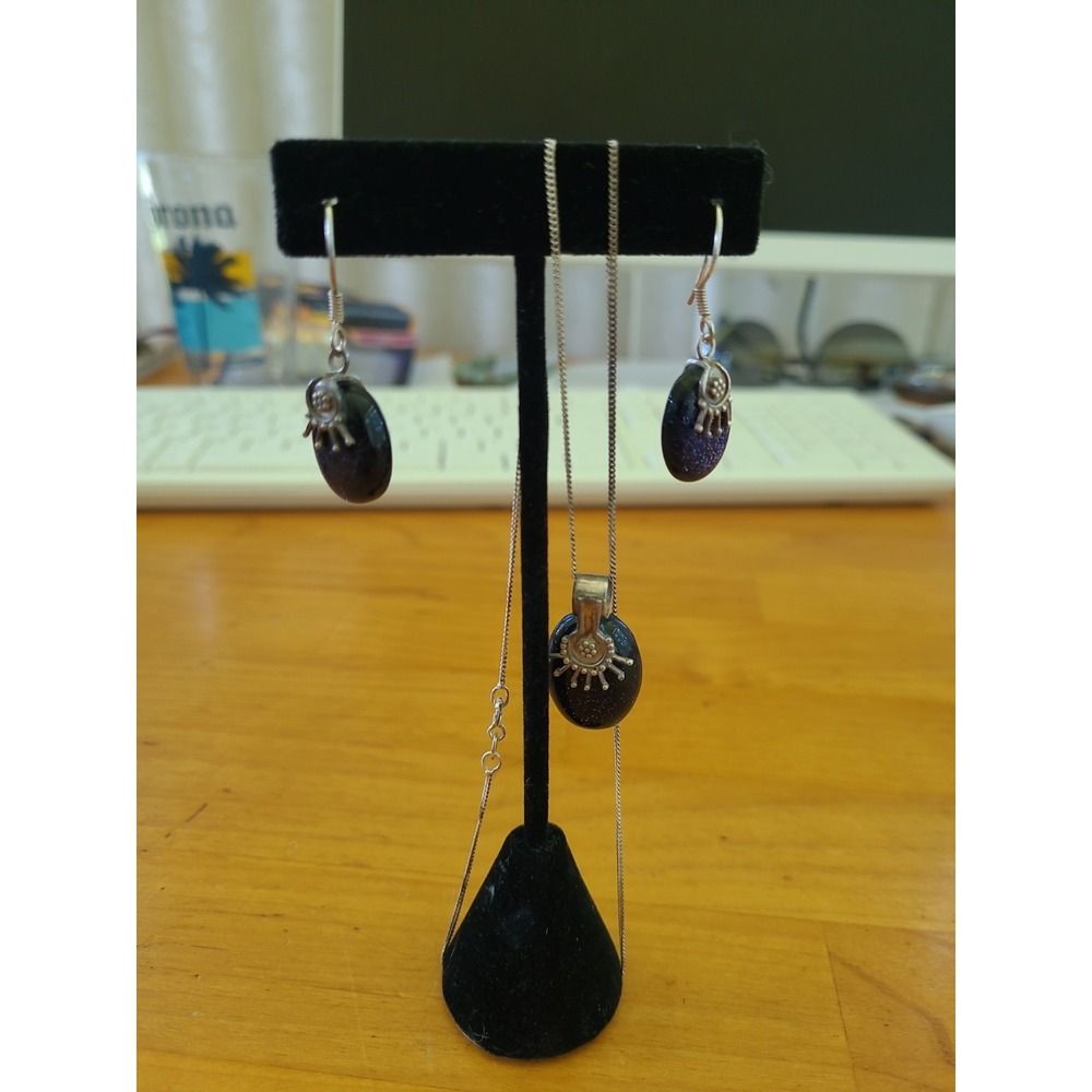 Vintage Italian 925 Sterling Blue Goldstone Sunburst Necklace Earrings Set